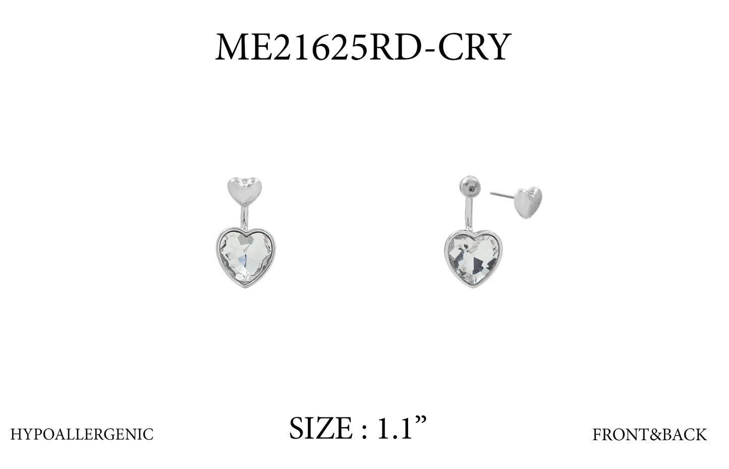 Heart-shaped earrings with clear stones on a white background, labeled ME21625RD-CRY.