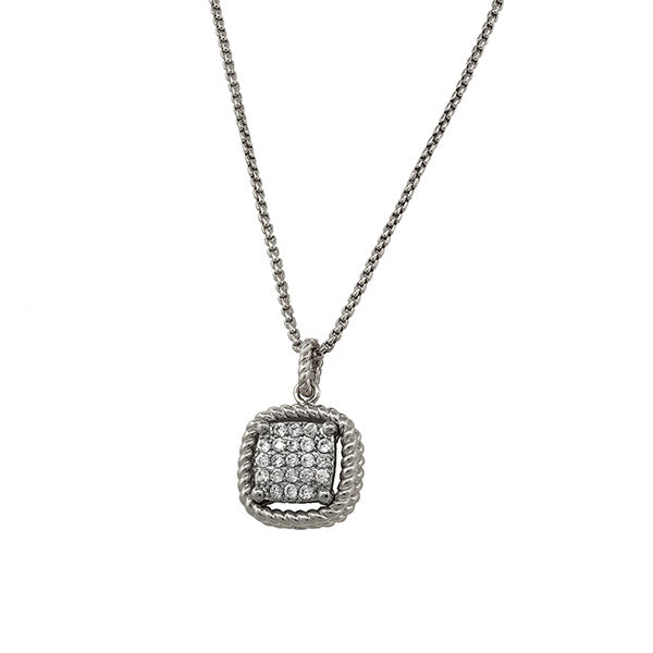Silver necklace with a square pendant on a white background