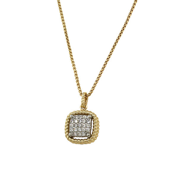 Gold necklace with a square pendant on a white background