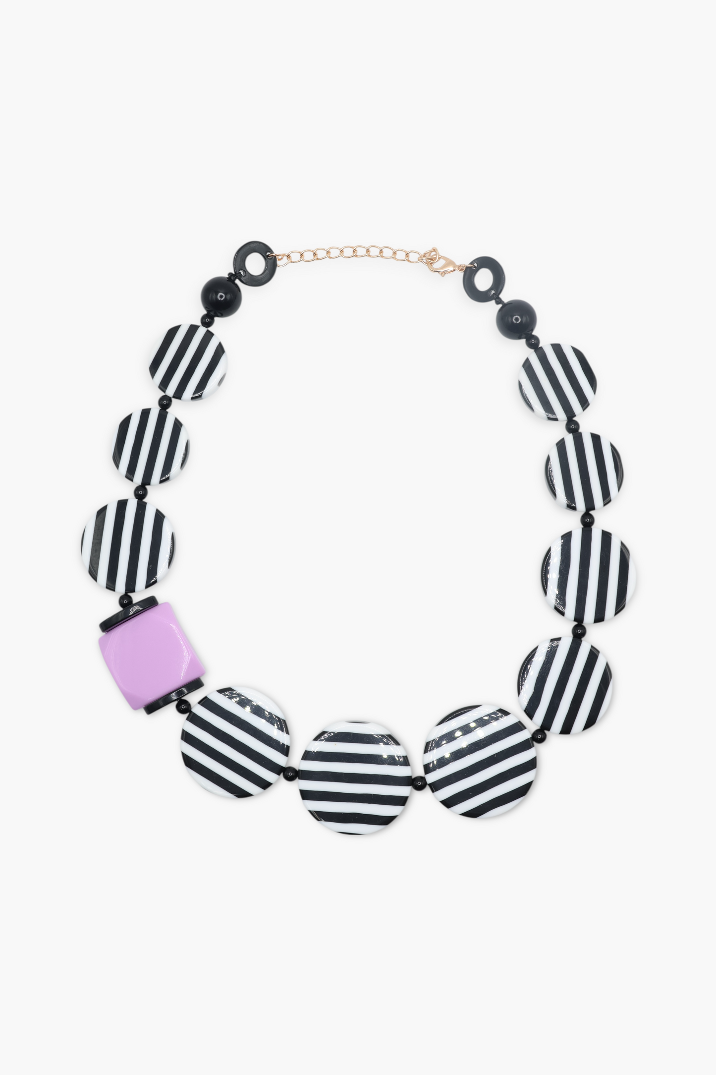 Chunky geometric statement necklace featuring striped resin disc beads with bold modern graphic detailing and oversized accents.
