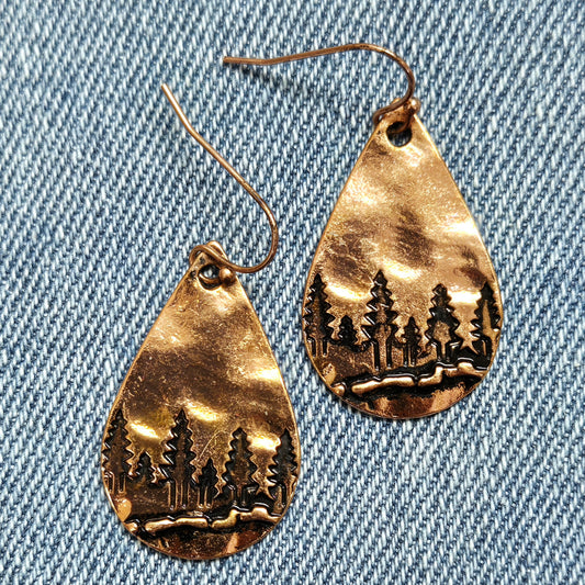 E1149 QE6971 Forrest Engraved Teardrop Drop Dangle Earrings