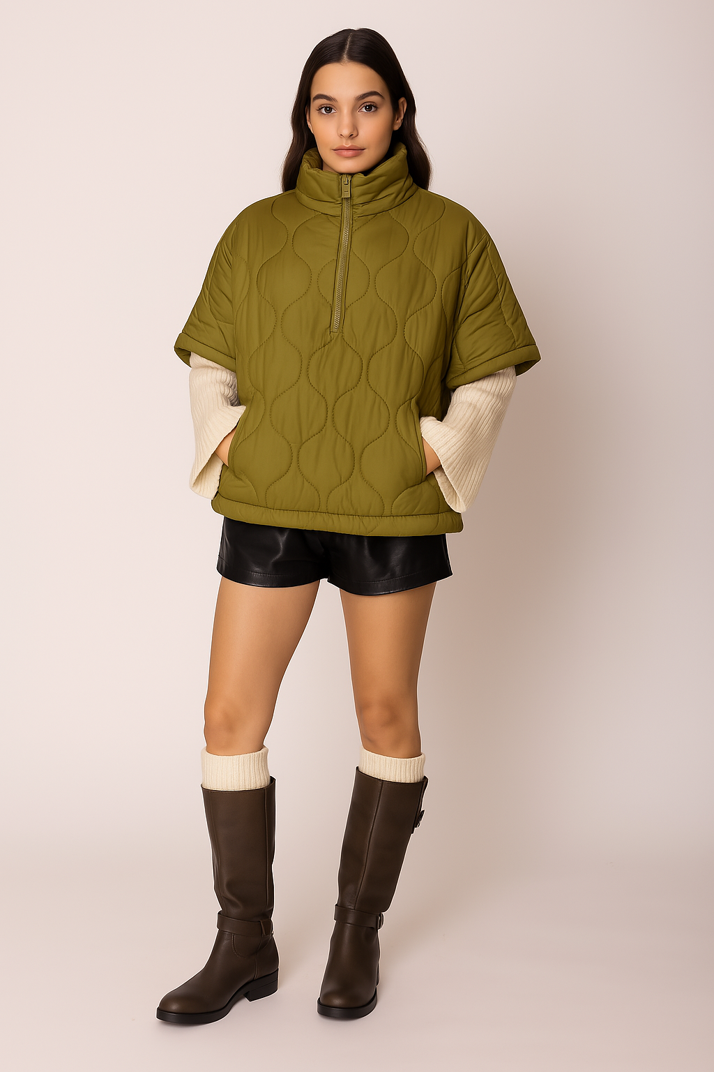 Woman wearing a green quilted jacket, black shorts, and brown boots on a plain background