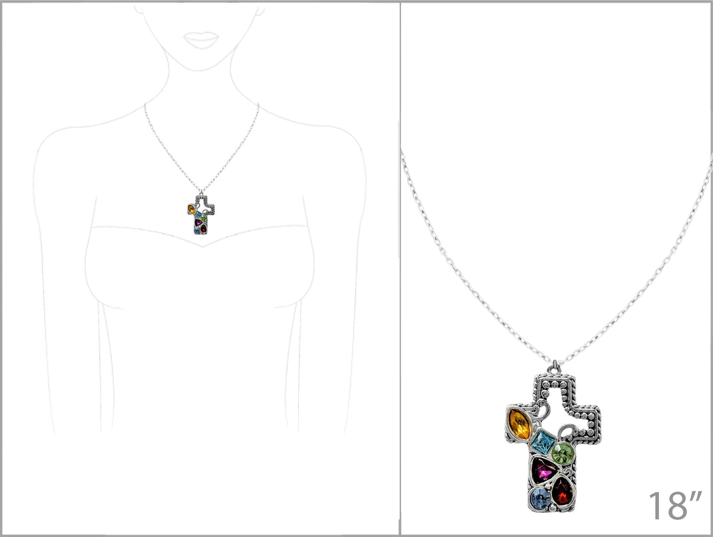 Necklace with a colorful cross pendant on a white background