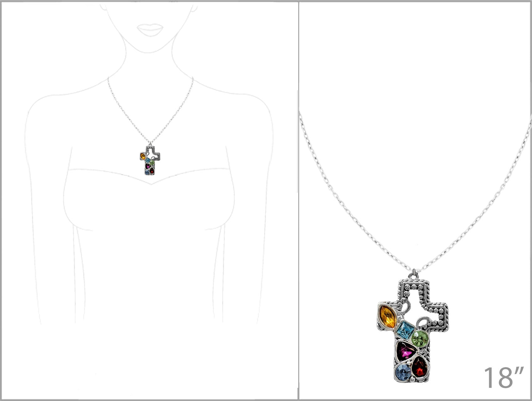 Necklace with a colorful cross pendant on a white background