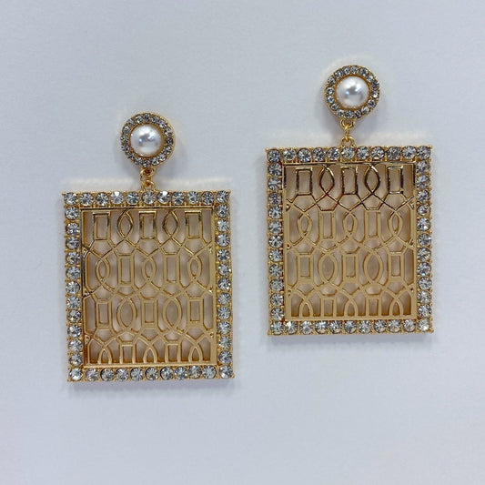Rectangle-shaped drop dangle post earrings with rhinestone embellishments, displayed on a mannequin head, showing the earrings from different angles.