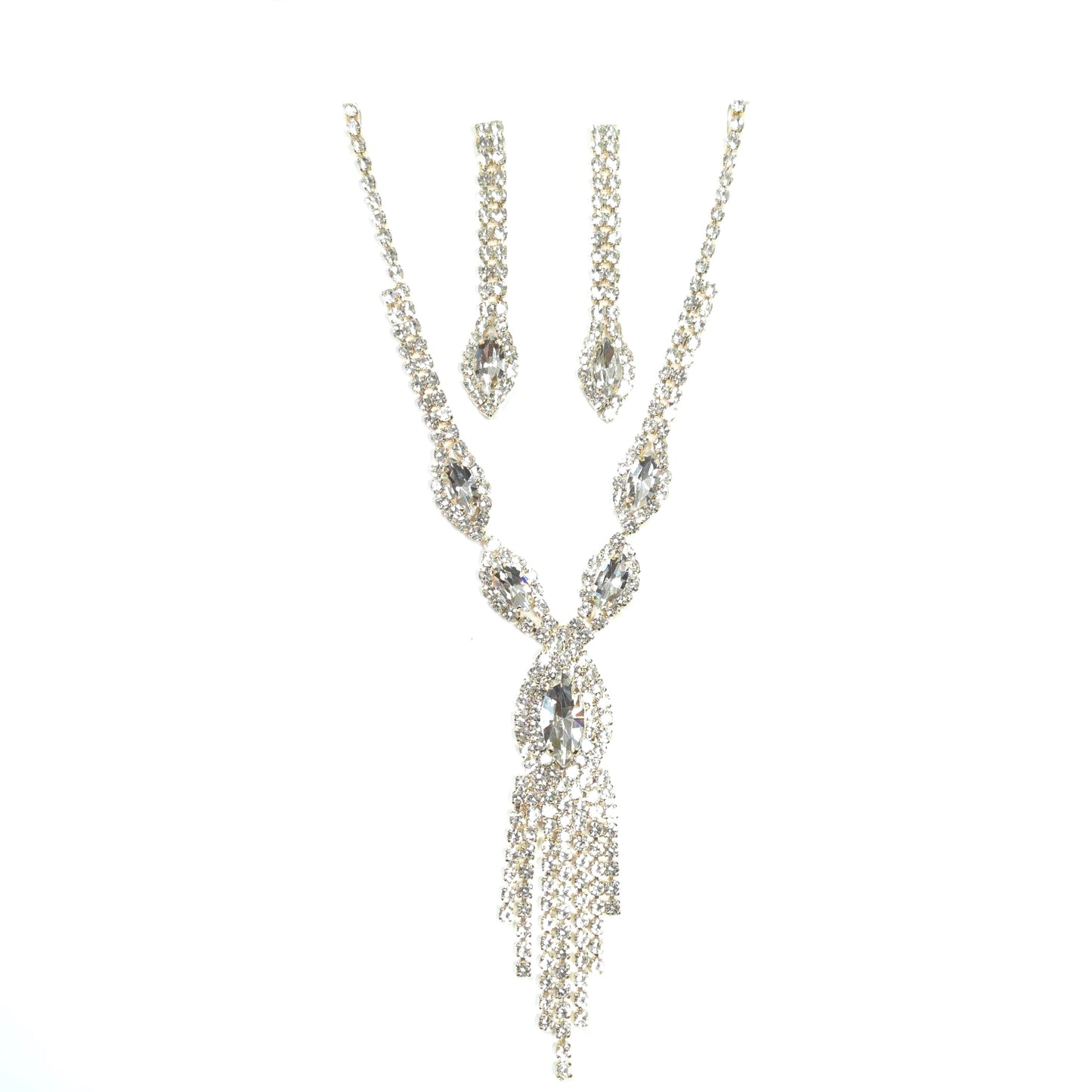 Silver necklace with crystal-like stones on a white background