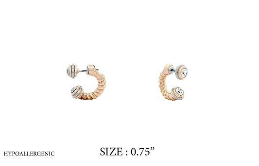 A pair of gold-colored hypoallergenic earrings with a bohemian design, featuring small clear stones and a textured pattern. The earrings are marked as size 0.