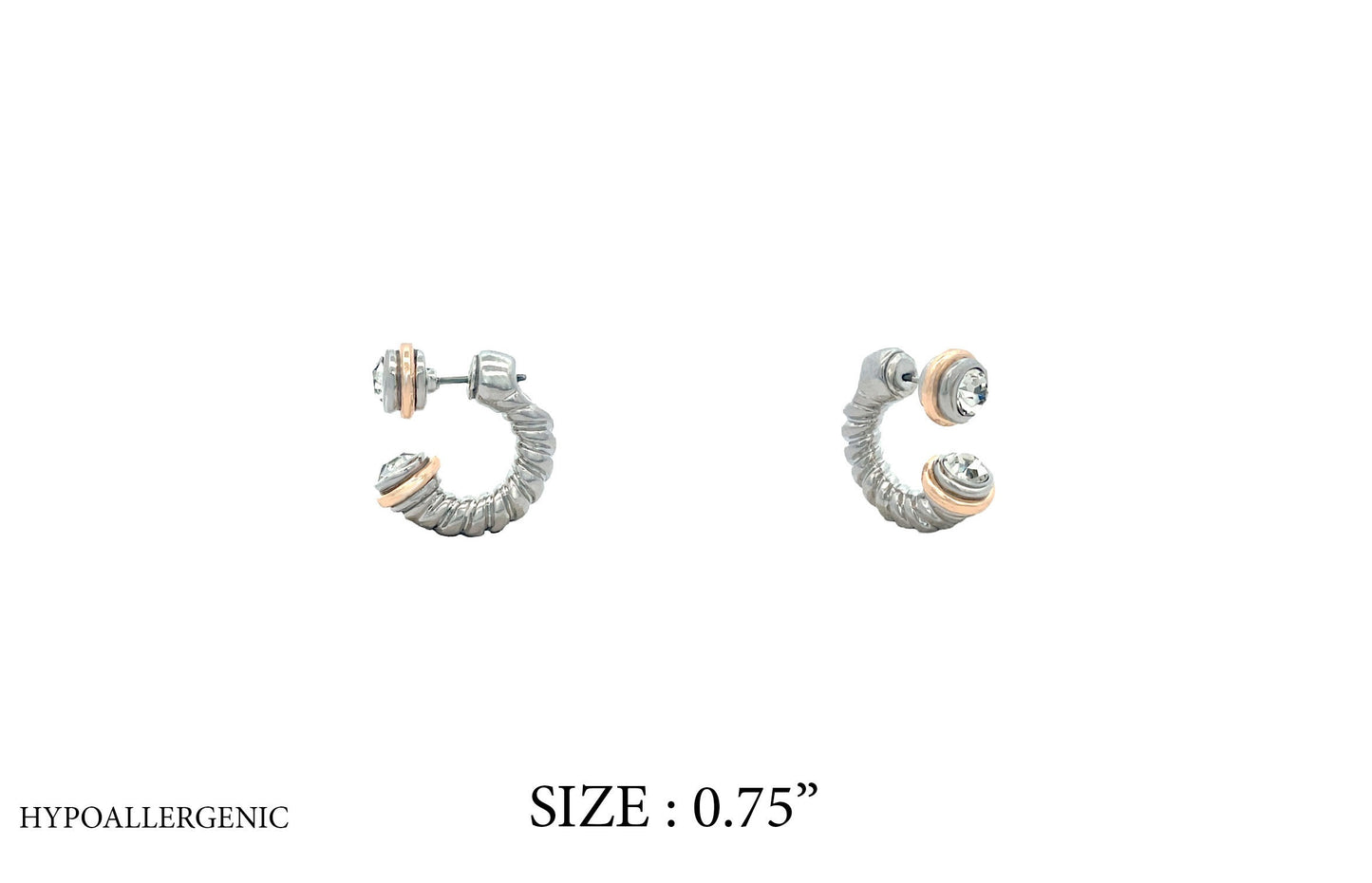 A pair of gold-colored hypoallergenic earrings with a bohemian design, featuring small clear stones and a textured pattern. The earrings are marked as size 0.