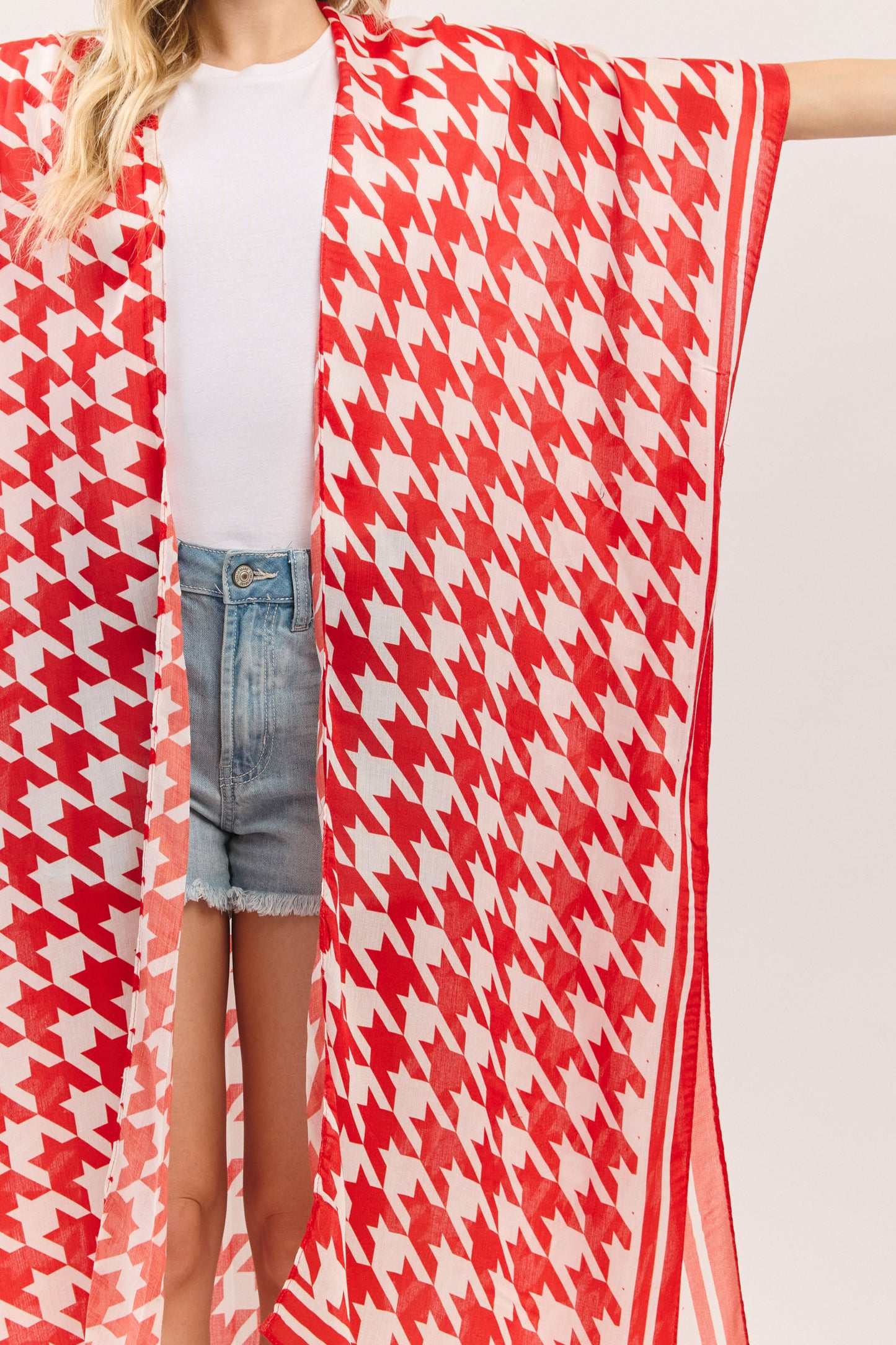 PS86 SO15012 Houndstooth Printed Long Kimono