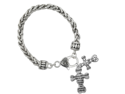 Silver-tone chain bracelet featuring decorative cross charms, inspirational scripture detailing, and vintage-style toggle closure.