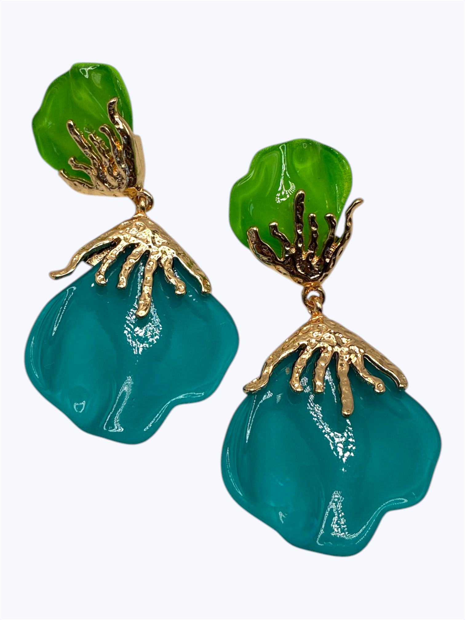 Turquoise flower drop earrings with green crystal studs and gold-tone detailing
