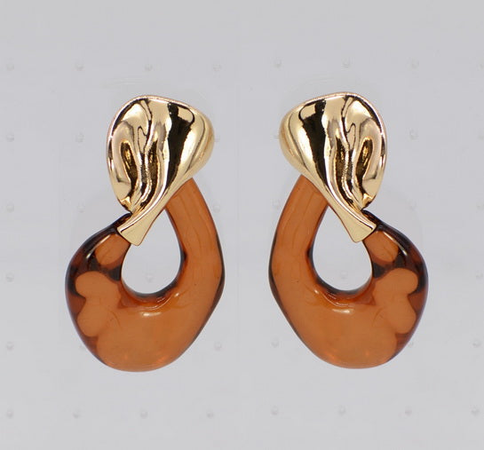 Pair of gold and brown earrings on a light gray background