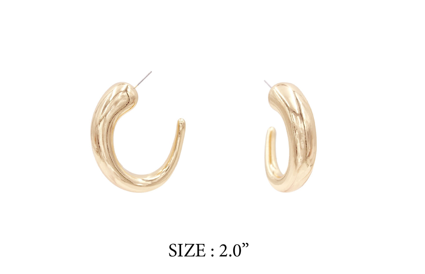 Gold hoop earrings on a white background with size label '2.0”'.