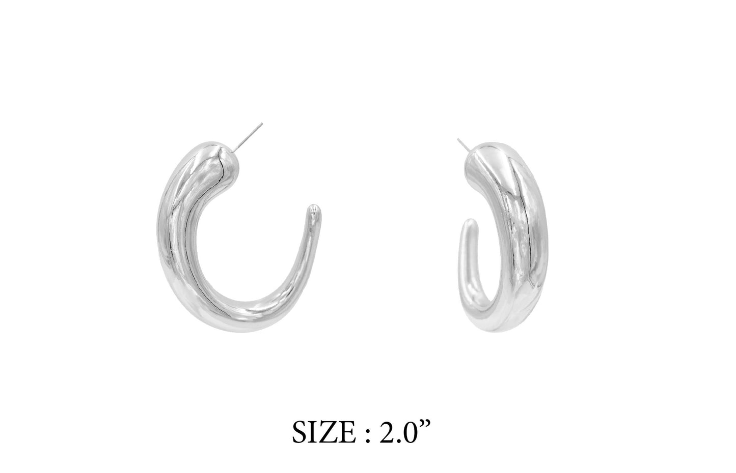 Pair of silver hoop earrings on a white background with size label 'SIZE : 2.0”'.