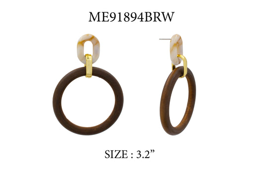 Pair of hoop earrings with brown and gold circular designs on a white background.