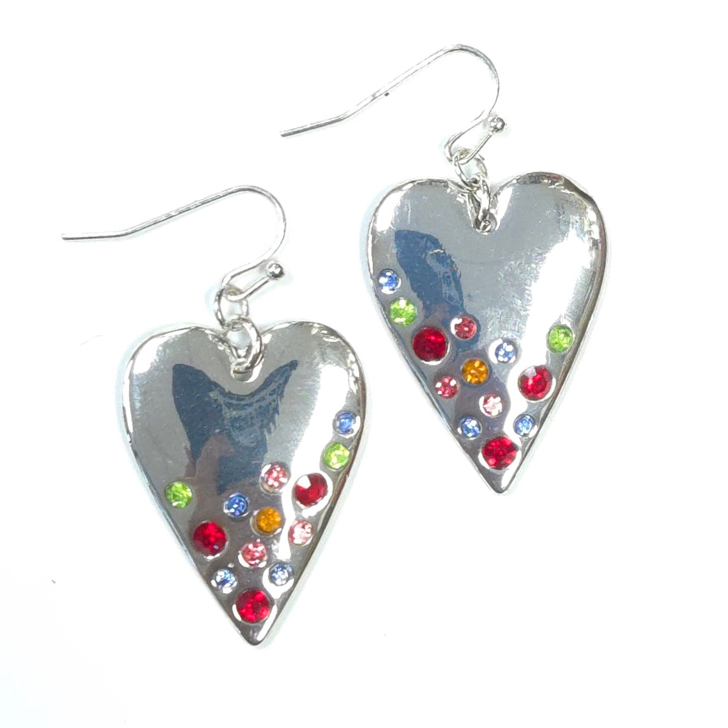 Heart-shaped silver earrings with colorful gemstones on a white background