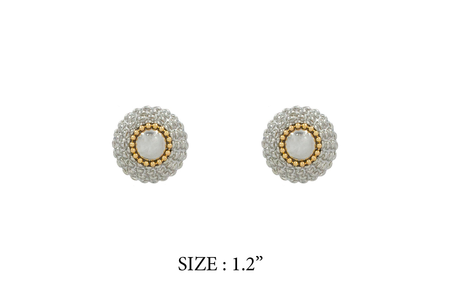 Pair of round earrings with gold and silver details on a white background
