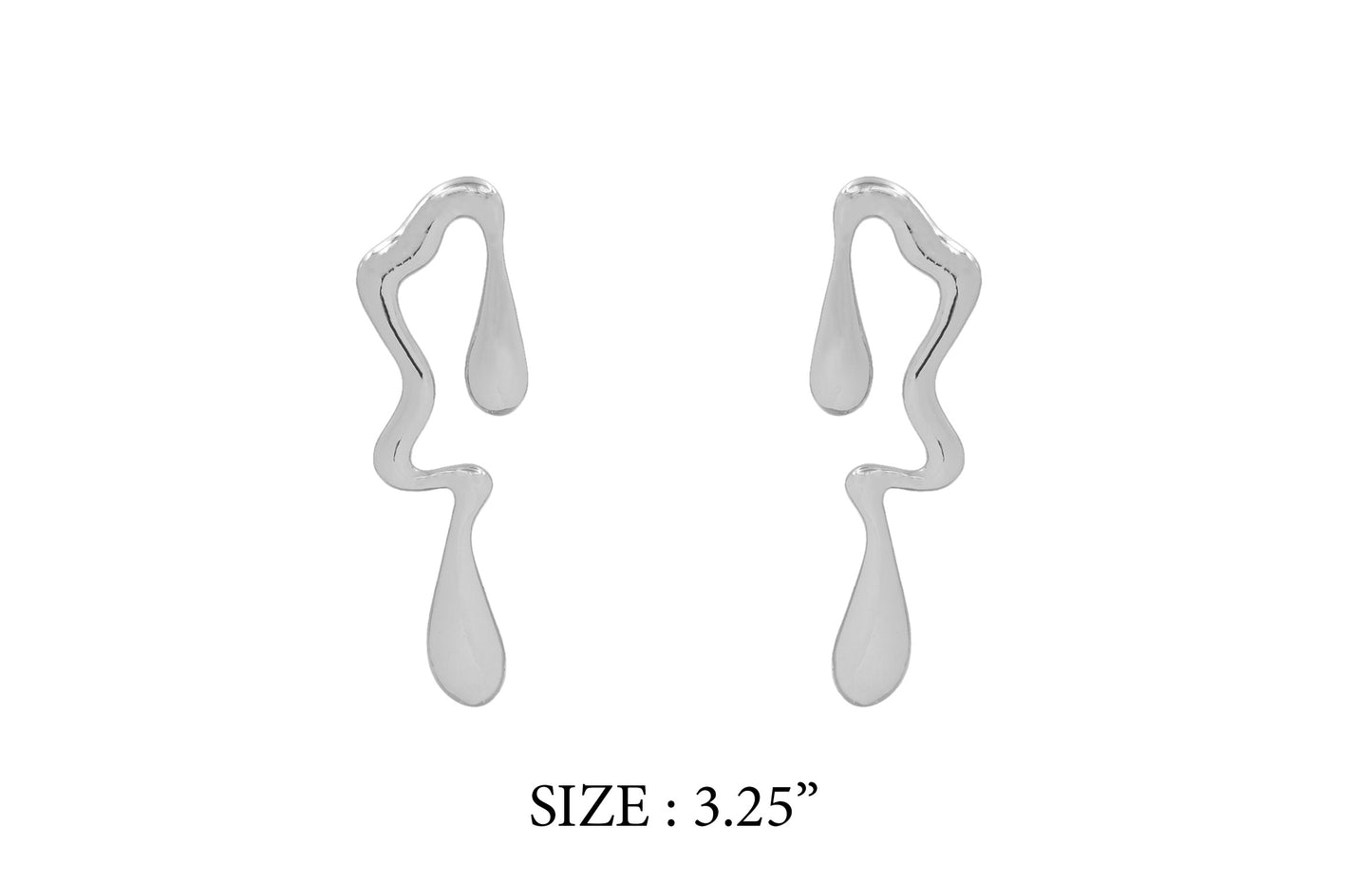 Pair of silver earrings with a size label on a white background