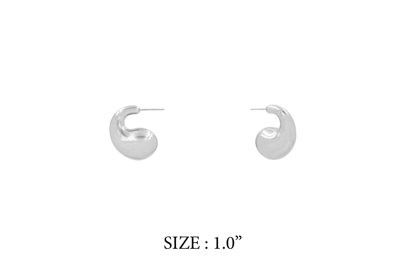 Silver post earrings on a white background with size label '1.0”'.