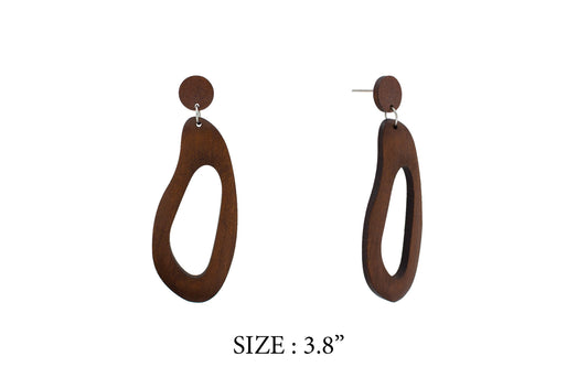 Wooden hoop earrings on a white background with size indication.