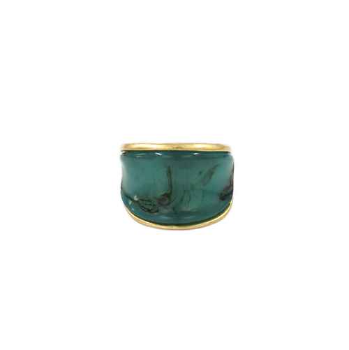 Wide resin band ring with glossy marbled finish and sleek metallic trim in a modern minimalist design.