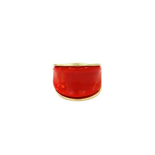 Wide resin band ring with glossy marbled finish and sleek metallic trim in a modern minimalist design.