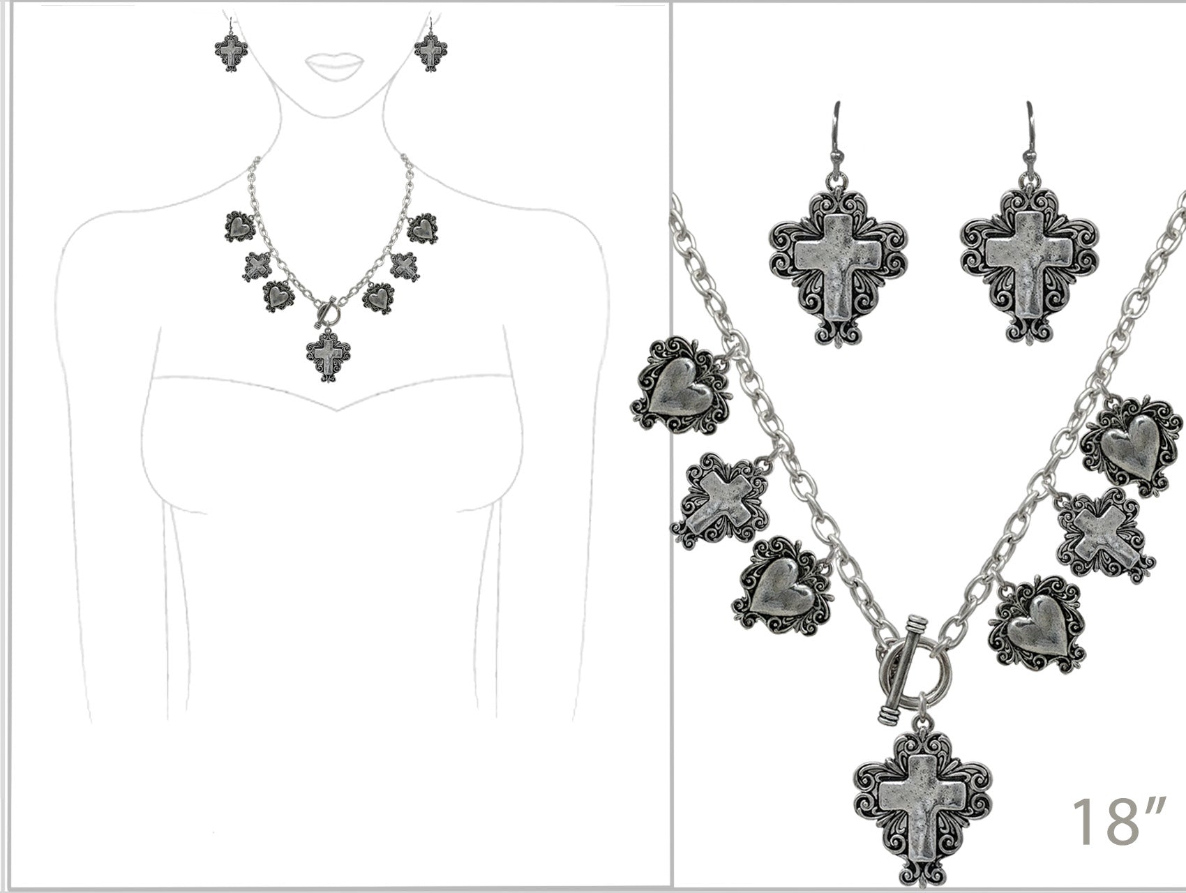 Jewelry set with necklace and earrings on a mannequin and separate display.