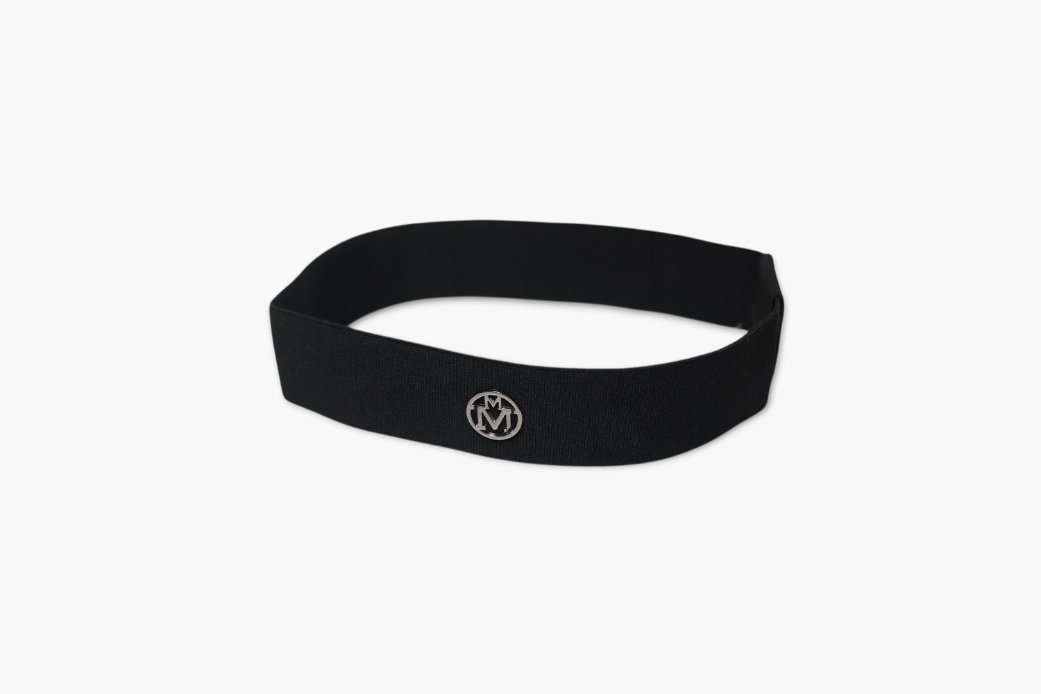Black headband with a logo on a white background