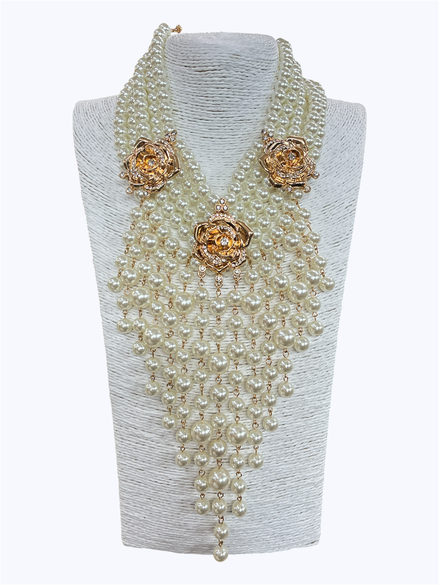 Layered faux pearl statement necklace featuring cascading pearl strands with gold-tone rose embellishments and rhinestone accents in a dramatic bib silhouette.