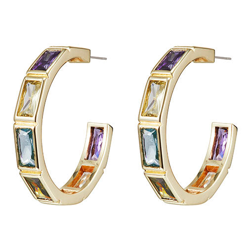 Gold hoop earrings with multicolored gemstones on a white background