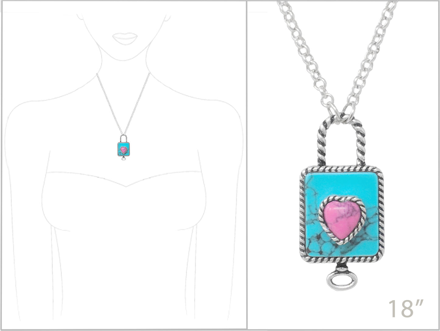 Necklace with turquoise and pink heart-shaped pendant on a white background