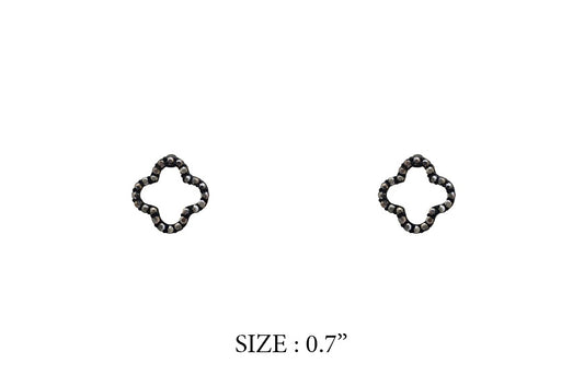 Pair of black earrings with a clover design on a white background, labeled 'SIZE: 0.7"'.
