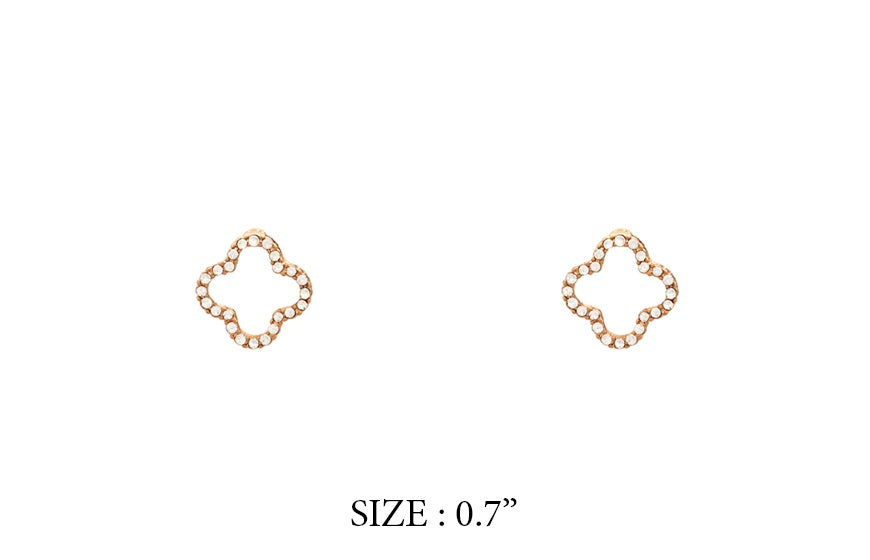 Pair of gold earrings with a clover design on a white background