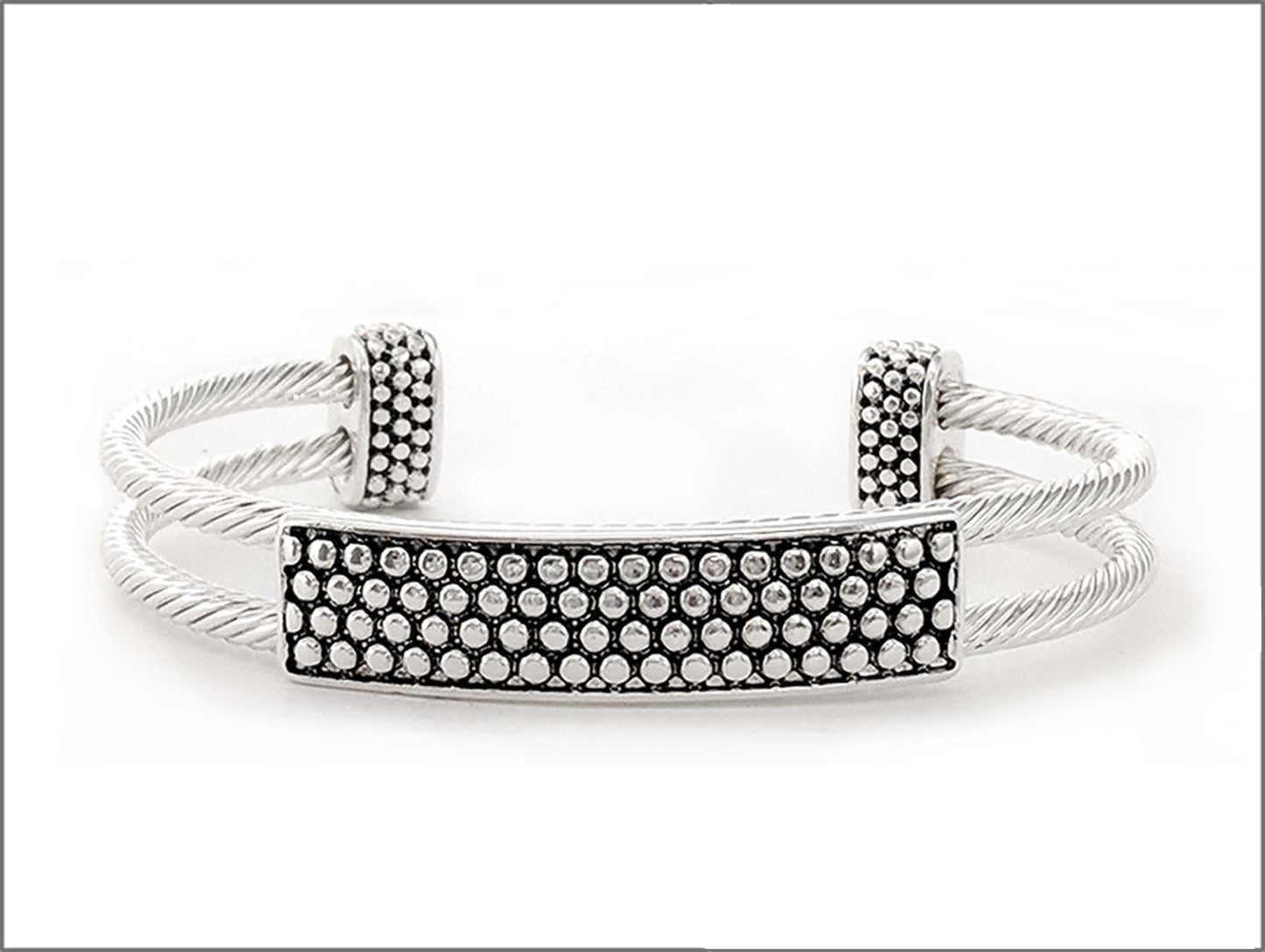 Silver-tone open cuff bracelet featuring textured twisted wire bands and a rhinestone pave bar accent.