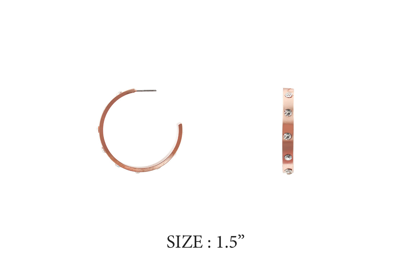 Rose gold hoop earrings with a size label on a white background