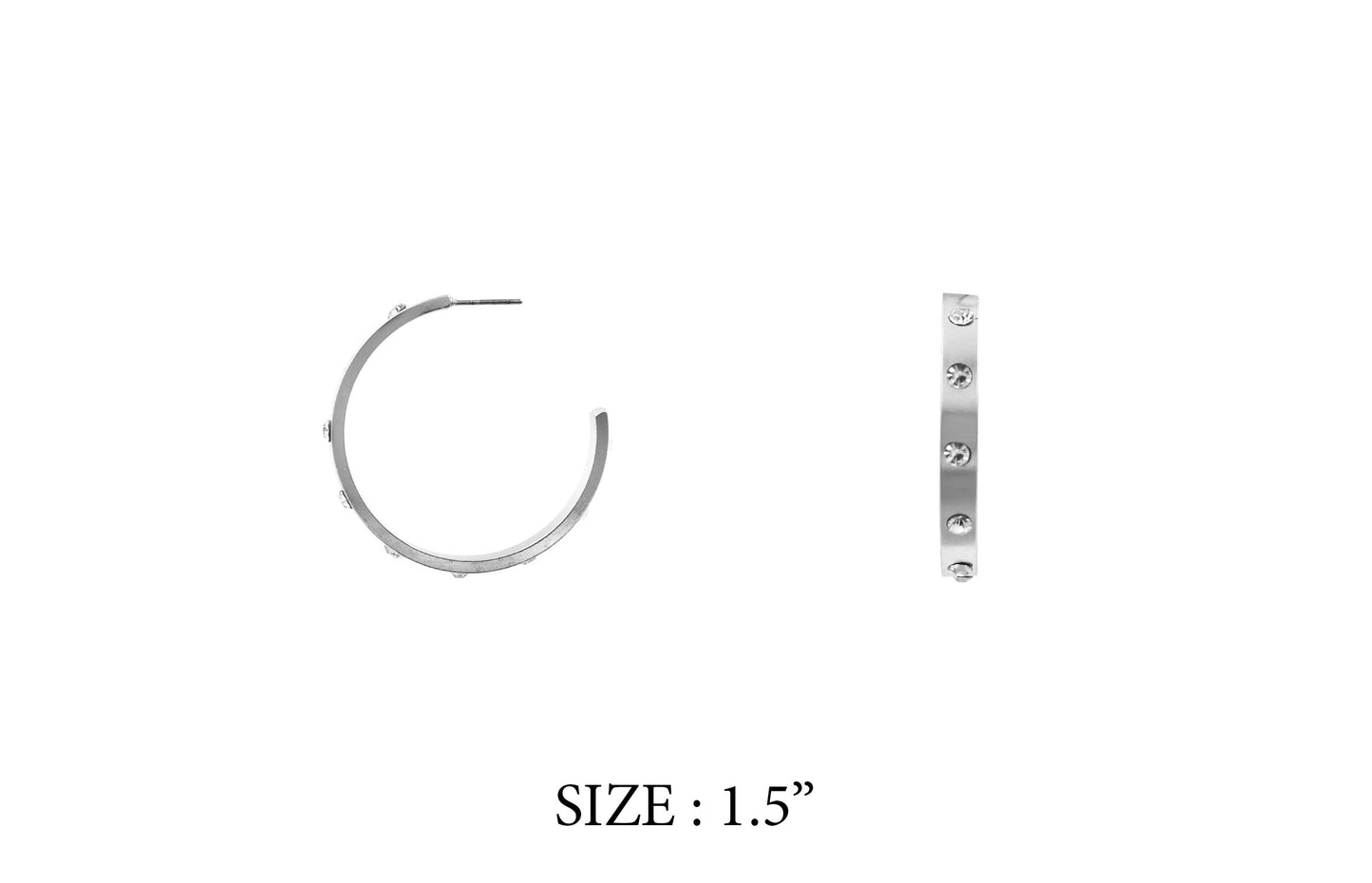 Metallic hoop earring on a white background with size label 'SIZE: 1.5”'.