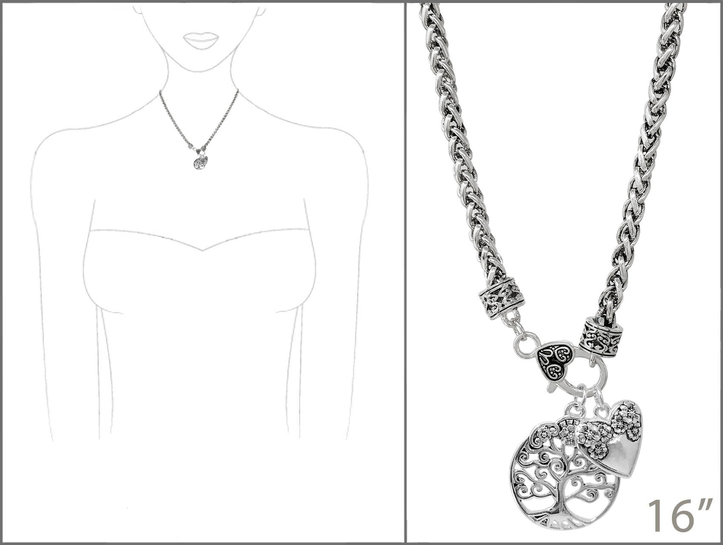 Silver necklace with tree of life pendant on a white background