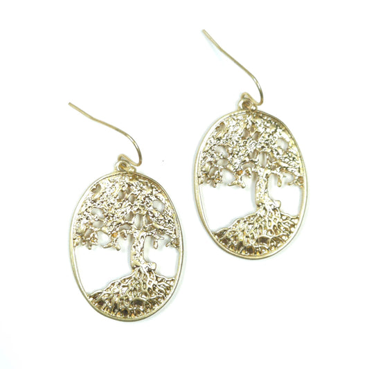 Gold tree-shaped earrings on a white background