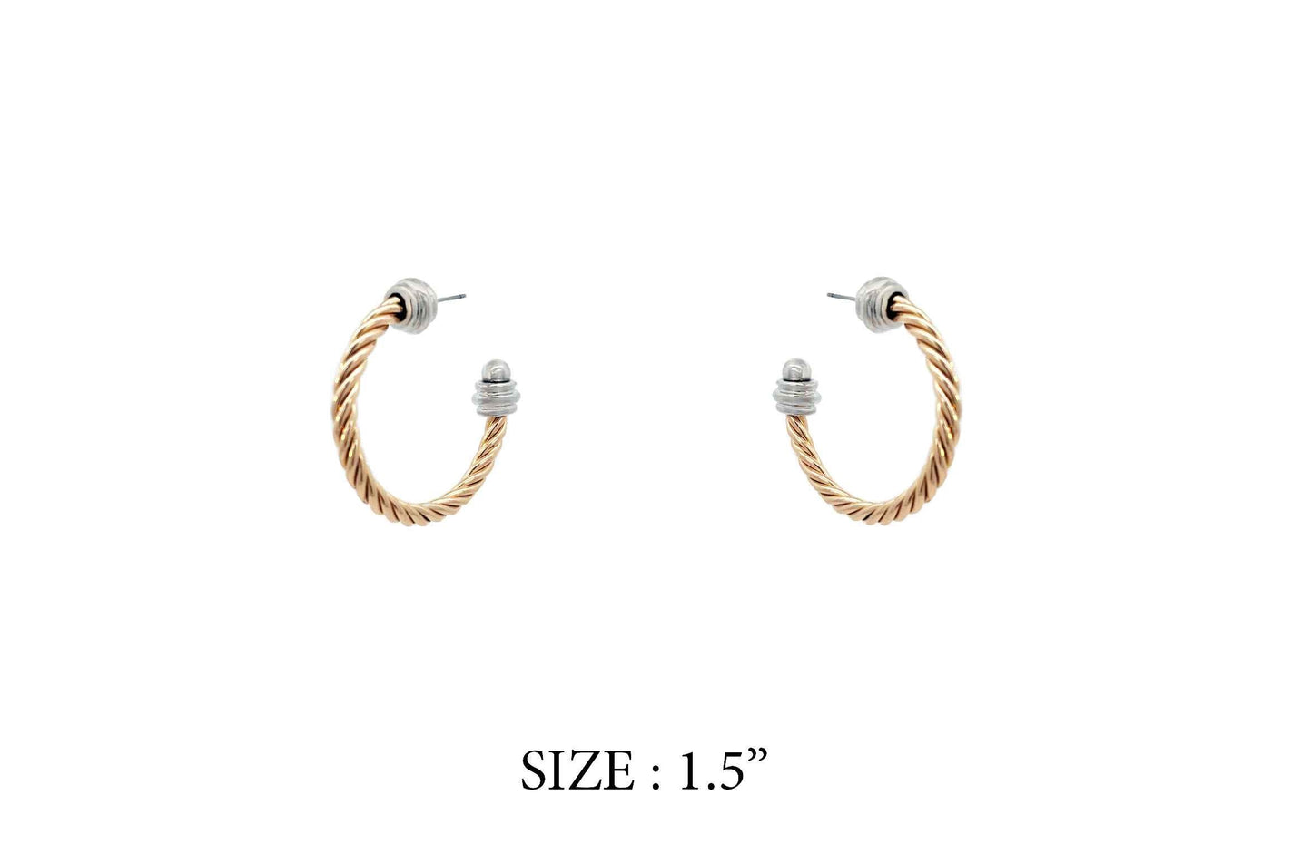 A pair of bohemian style gold-colored hoop earrings with a text indicating size as 1.5 inches.