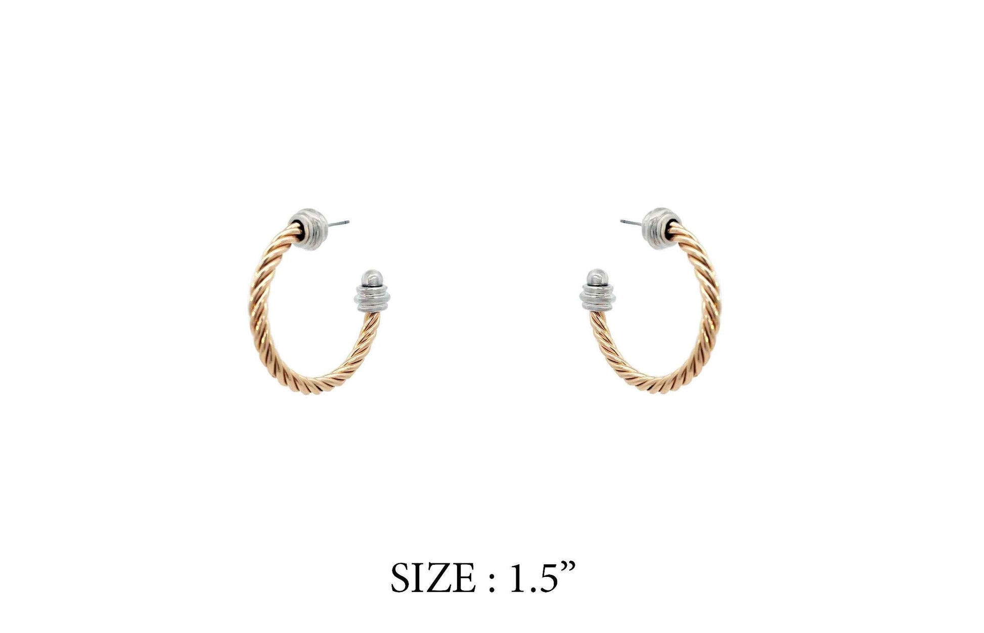 A pair of bohemian style gold-colored hoop earrings with a text indicating size as 1.5 inches.