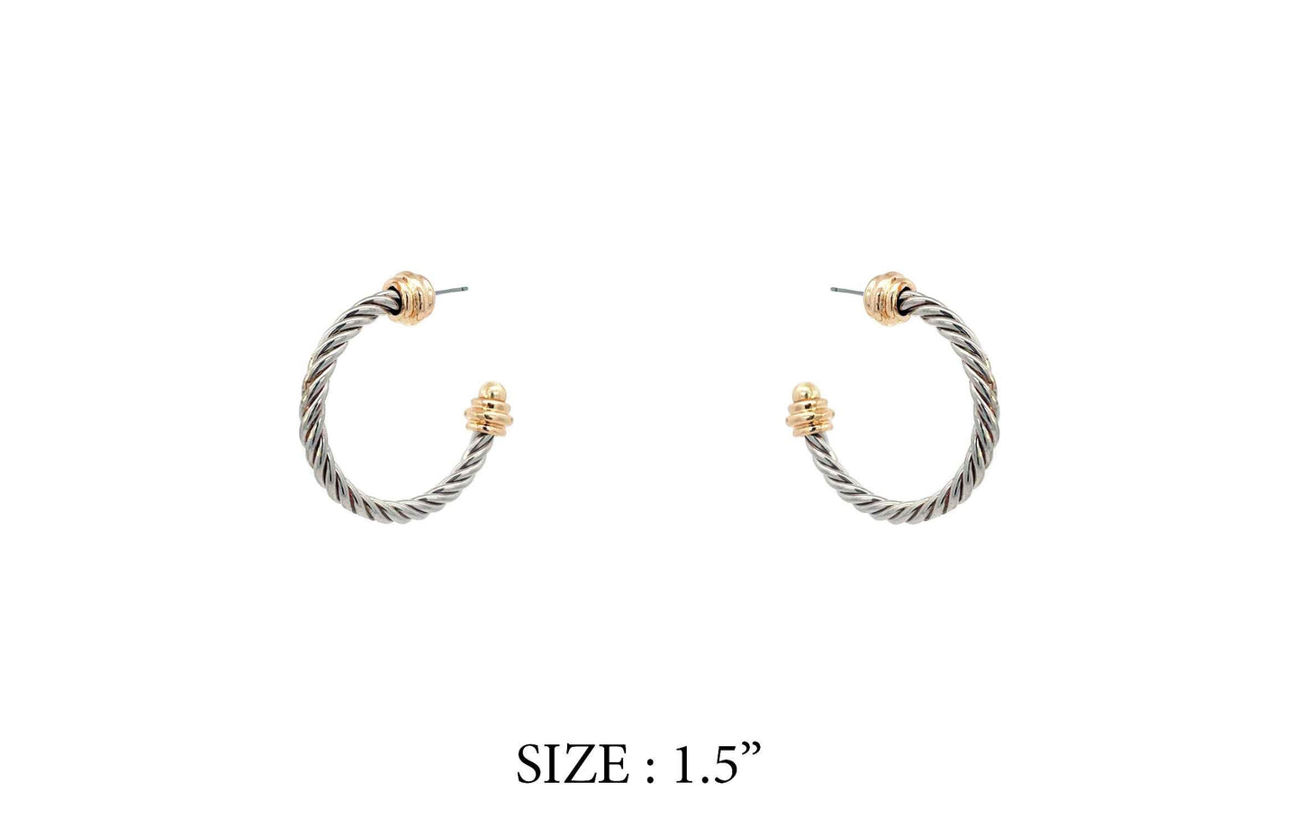 A pair of bohemian style gold-colored hoop earrings with a text indicating size as 1.5 inches.