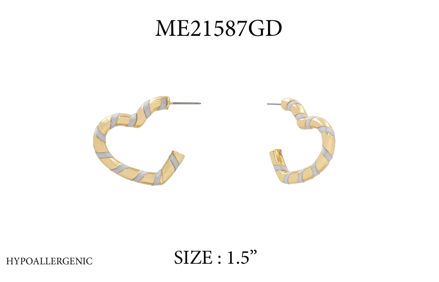 Gold hoop earrings with striped design on a white background, labeled ME21587GD.