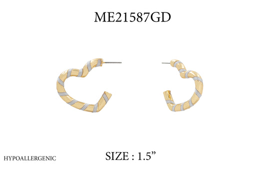 Gold hoop earrings with striped design on a white background, labeled ME21587GD.
