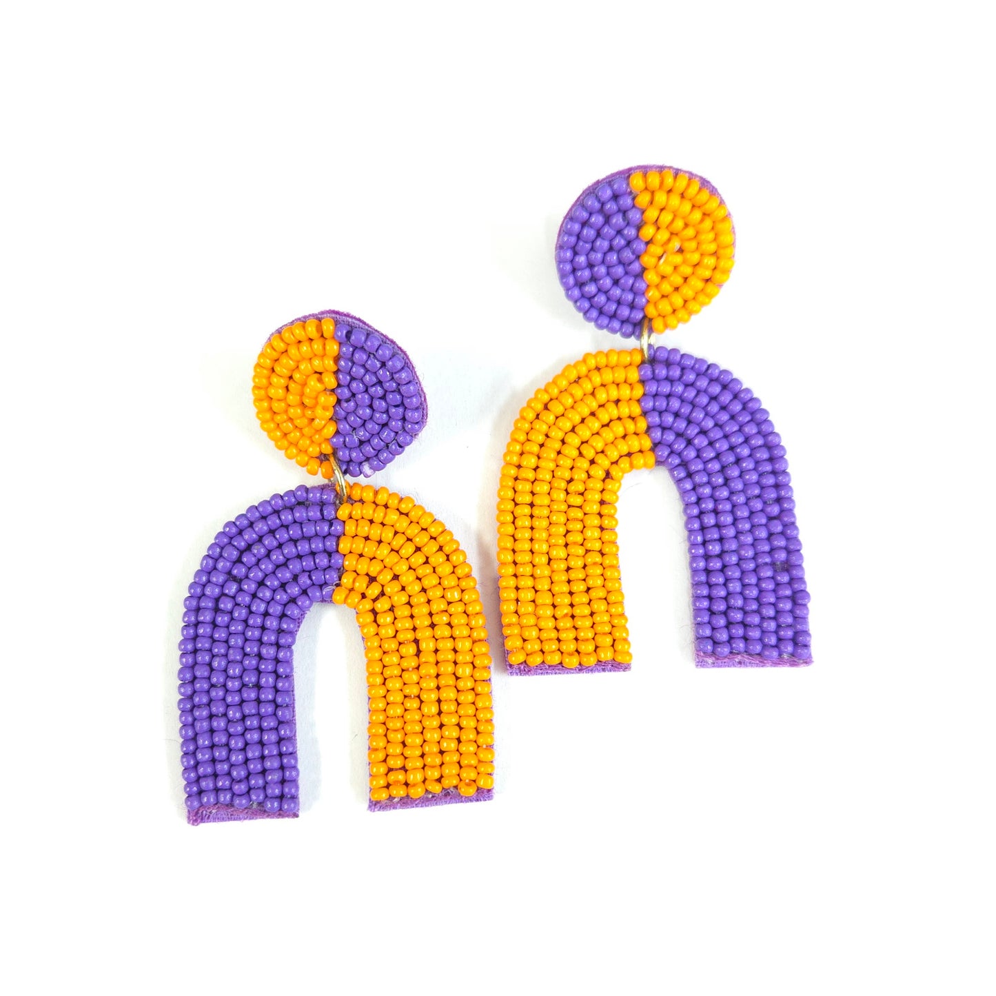 Pair of purple and yellow beaded earrings on a white background