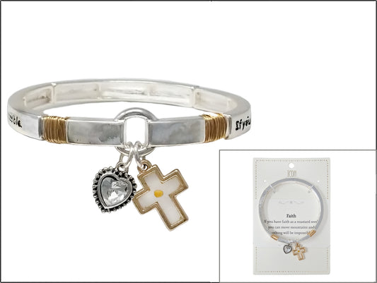 Inspirational charm bangle bracelet featuring a decorative cross pendant, heart crystal charm, and two-tone metal detailing.