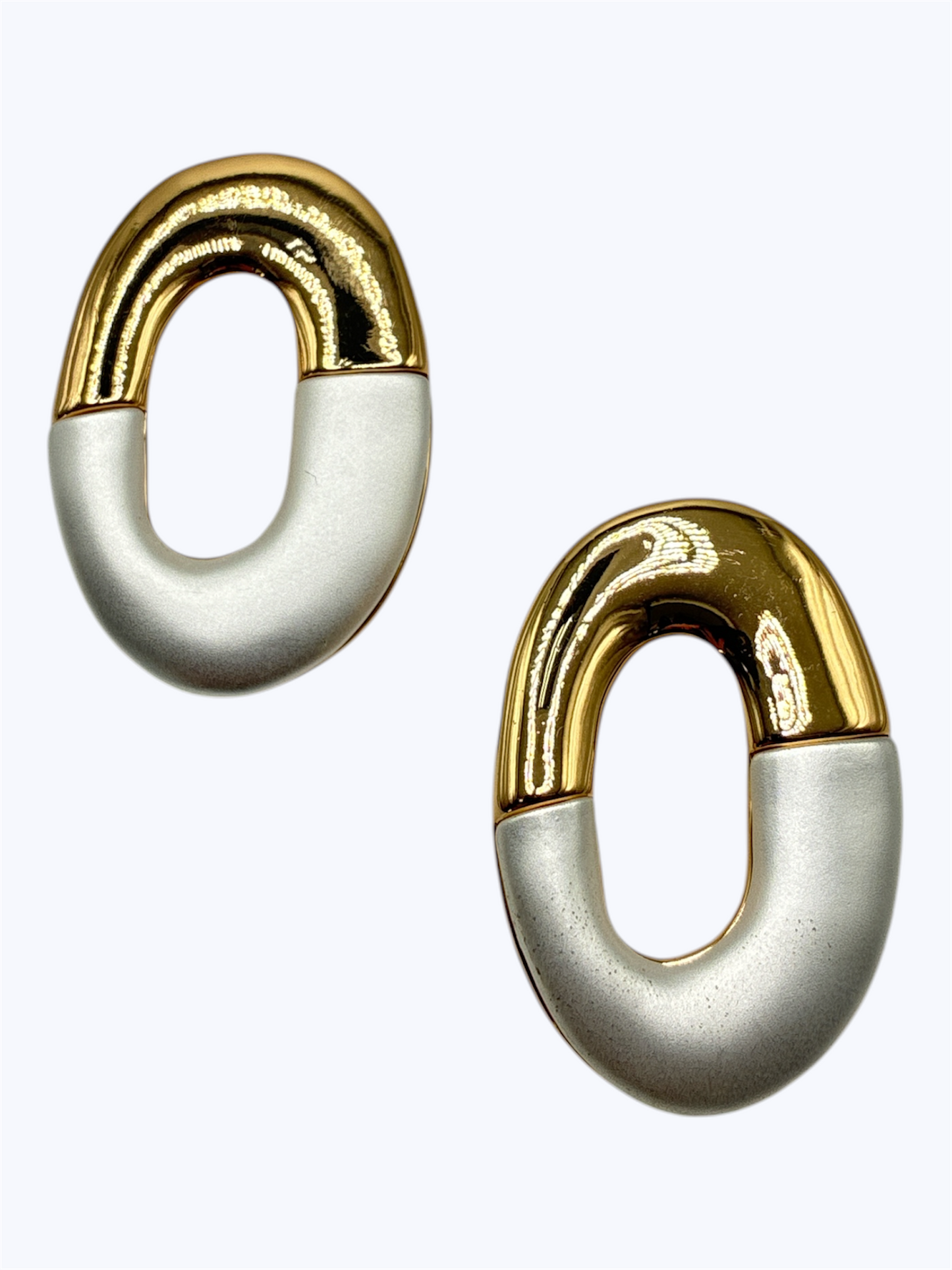 Two-tone gold and silver oval link earrings with a modern chunky minimalist design