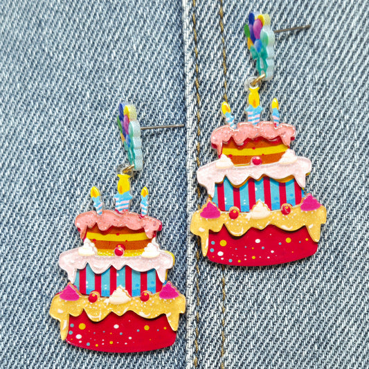 E1059 VER6034 Acrylic Cake Design Drop Dangle Post Earrings