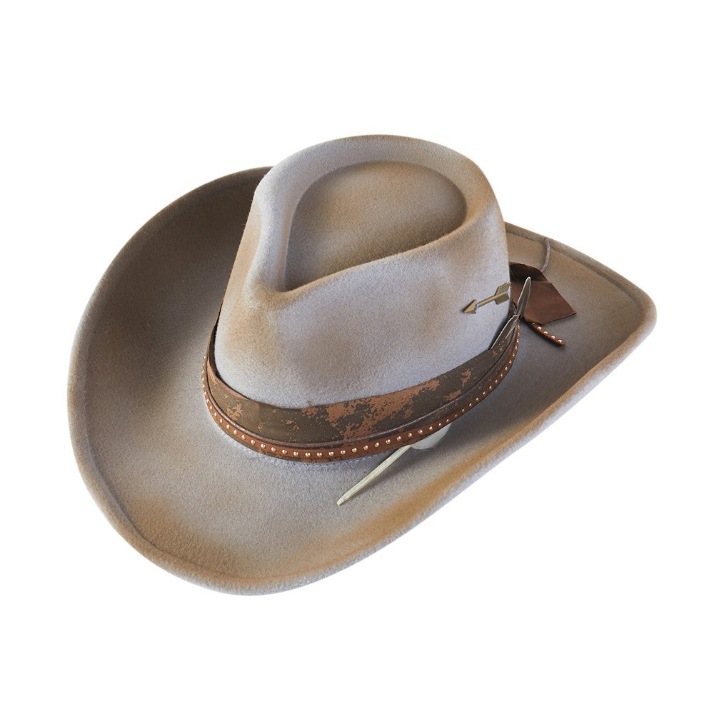 Brown cowboy hat with a band and feather on a white background