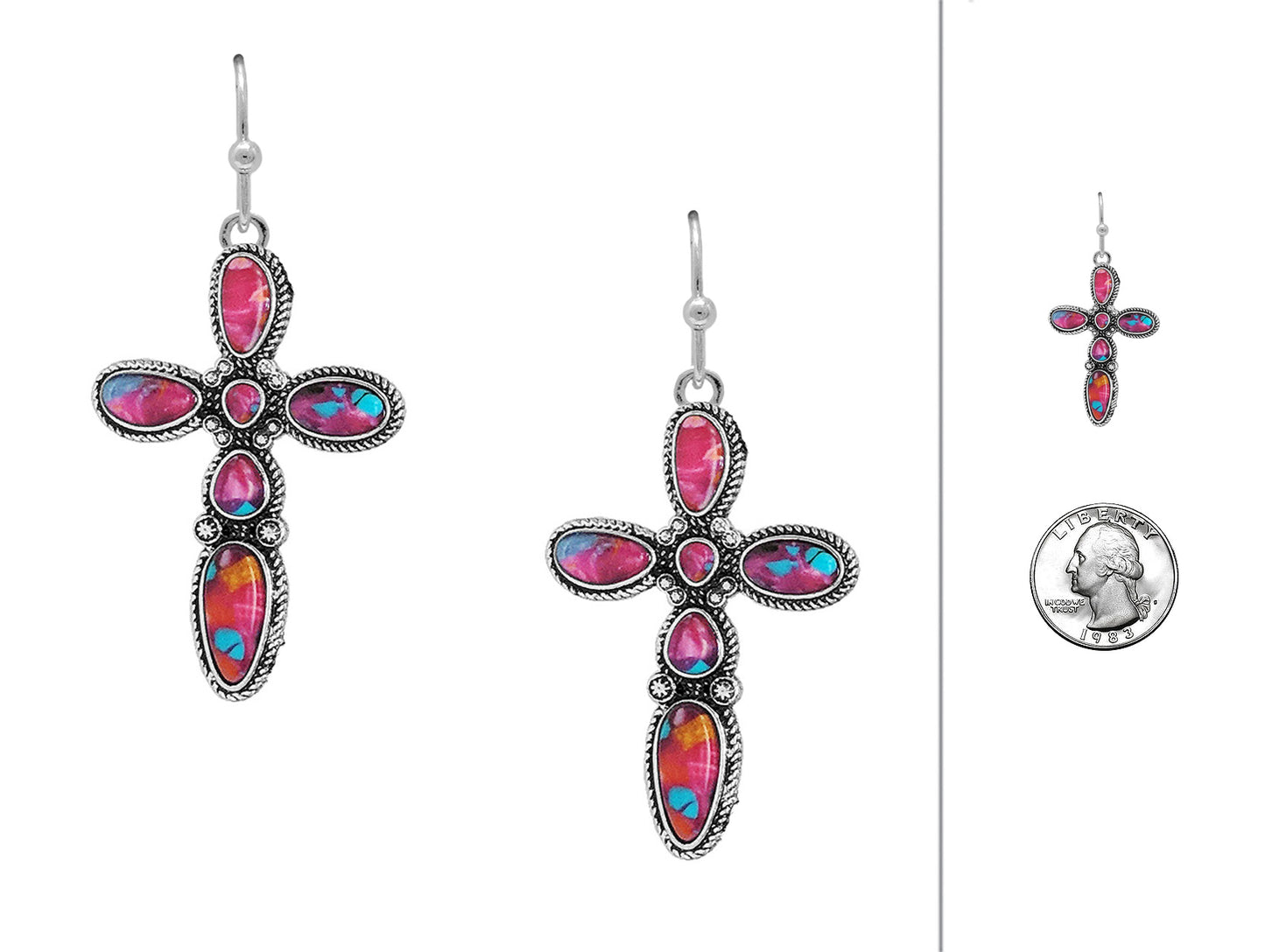 Cross-shaped earrings with colorful gemstones on a white background