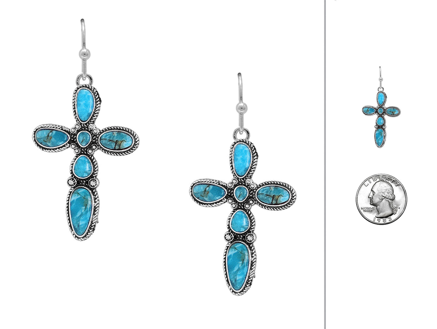 Turquoise cross earrings on a white background